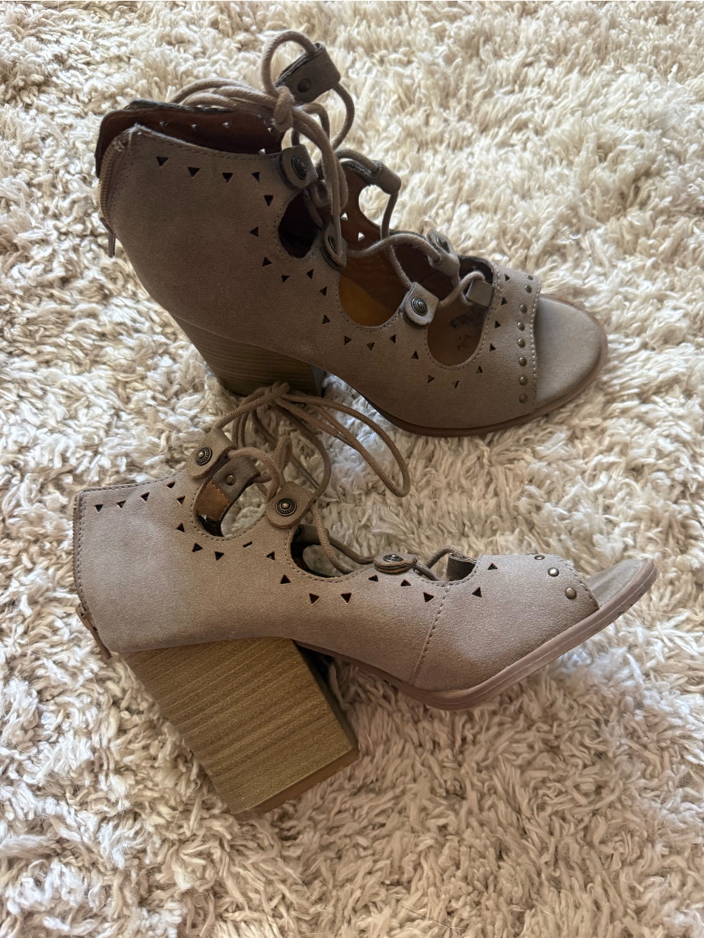 BKE Taupe Lace-Up Peep Toe Block Heel Sandals